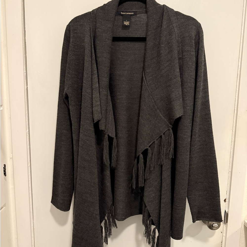 Susan Lawrence dk gray cardigan with fringes. Large